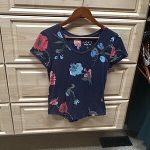 LOFT Navy Scoop Neck Floral Tee with Pink & Blue Blooms